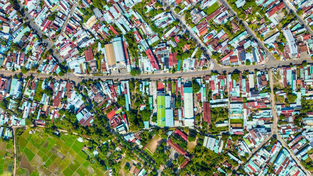Aerial view of residential property plots with visible boundaries