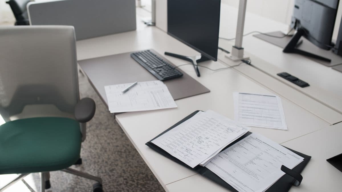 Search firm desk with property documents, screens showing search orders